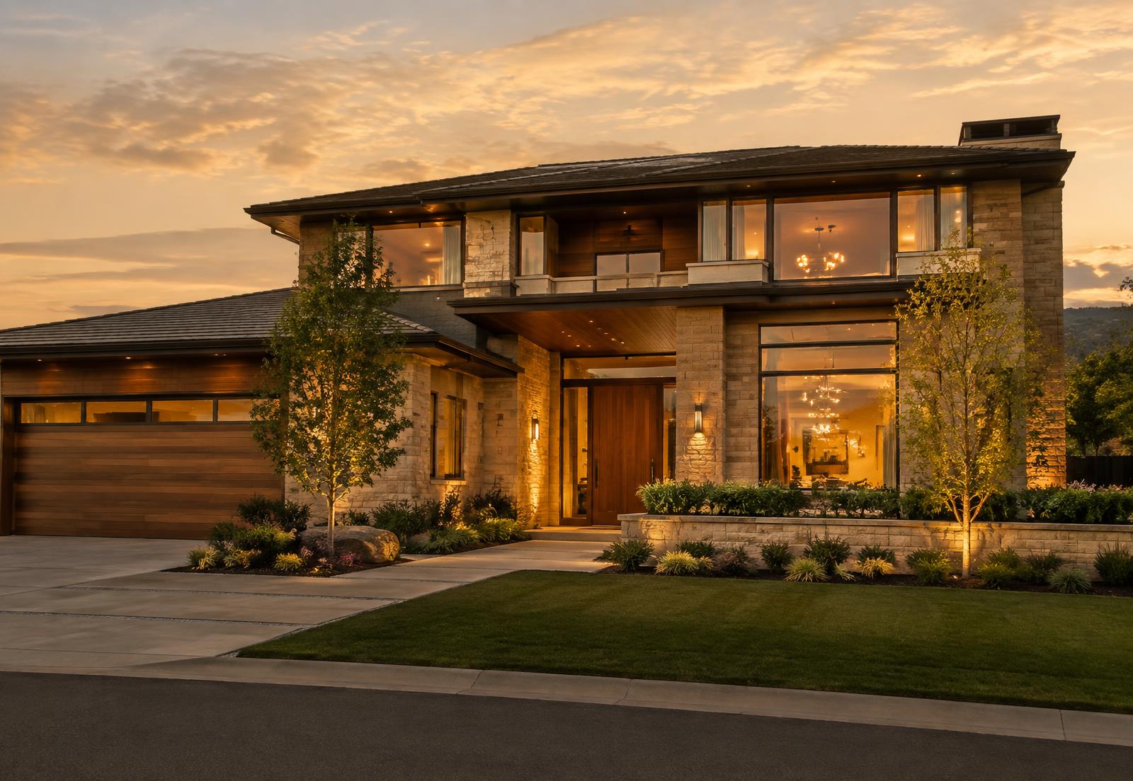 Modern stone and wood home at golden hour